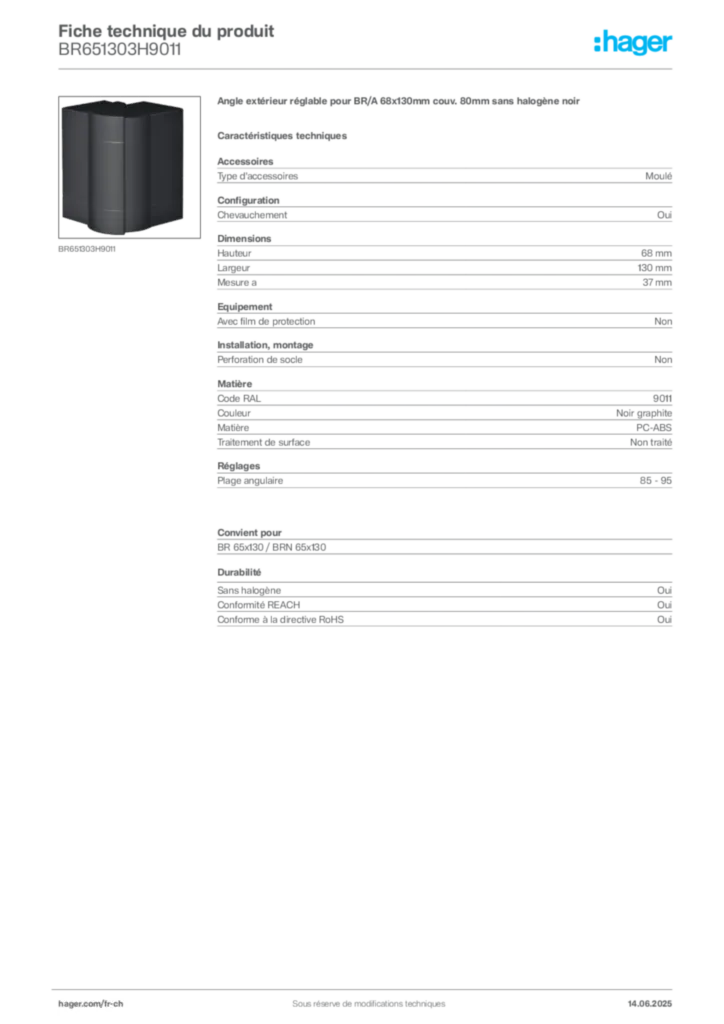 Image Hager Fiche technique du produit BR651303H9011 | Hager Suisse