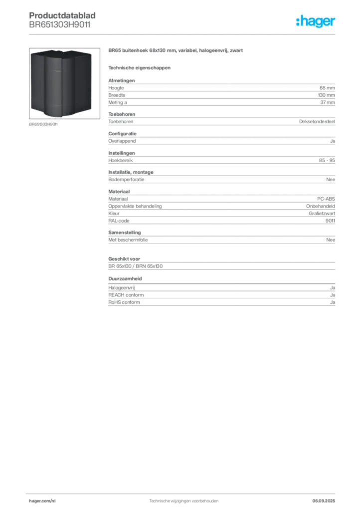 Afbeelding Hager Productdatablad BR651303H9011 | Hager Nederland