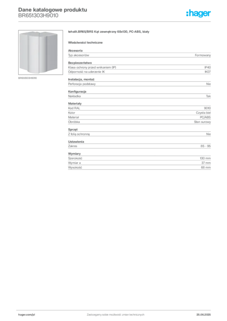 Zdjęcie Hager Dane katalogowe produktu BR651303H9010 | Hager Polska