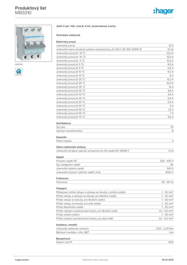 Obrázek Hager Product data sheet MBS310 | Hager