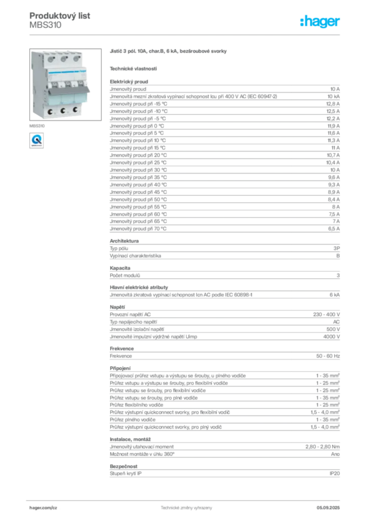 Obrázek Hager Produktový list MBS310 | Hager