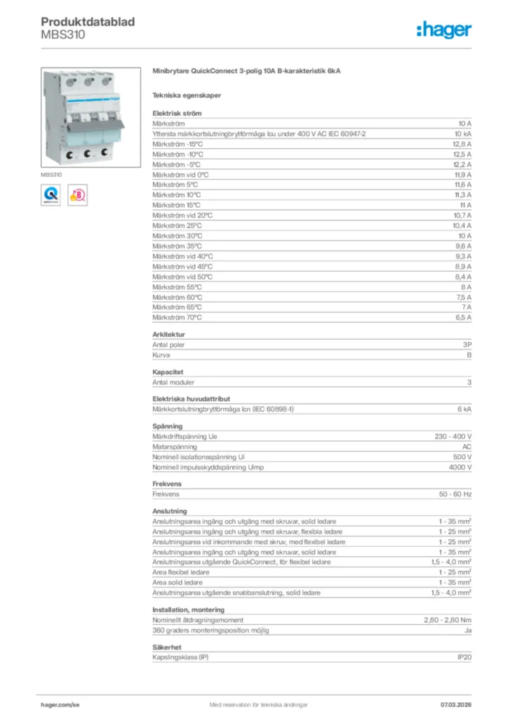 Bild Hager Produktdatablad MBS310 | Hager Sverige