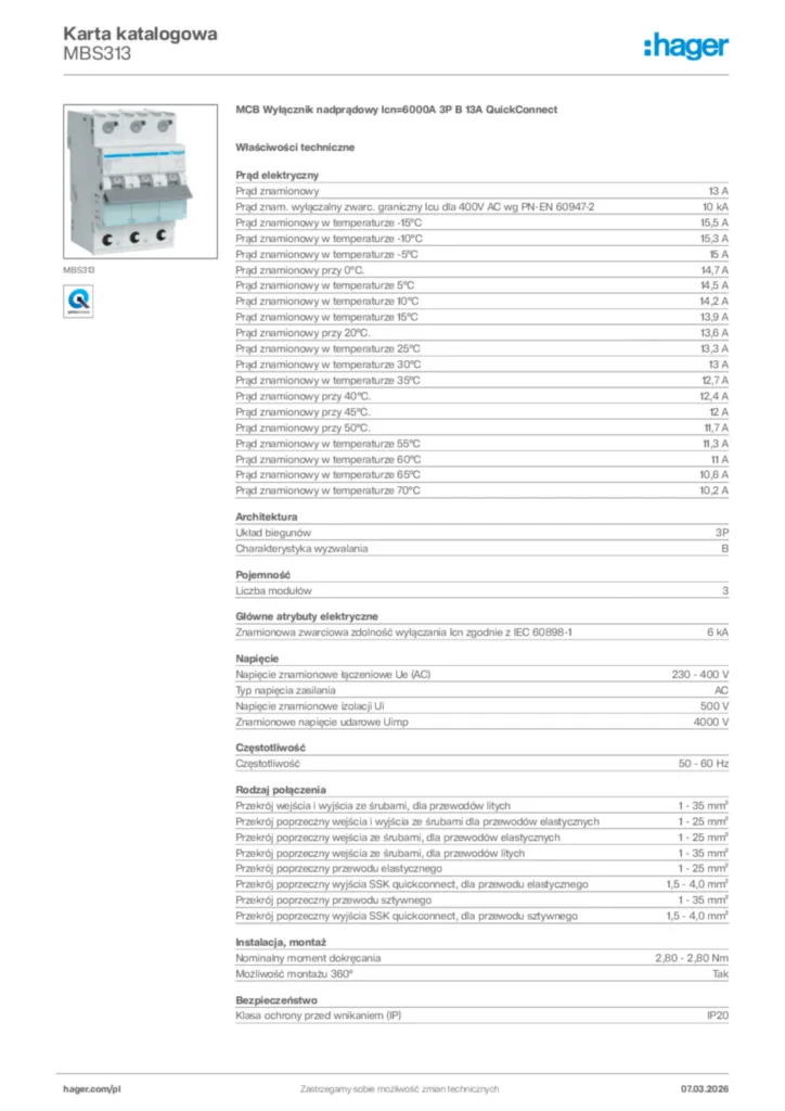 Zdjęcie Hager Karta katalogowa MBS313 | Hager Polska