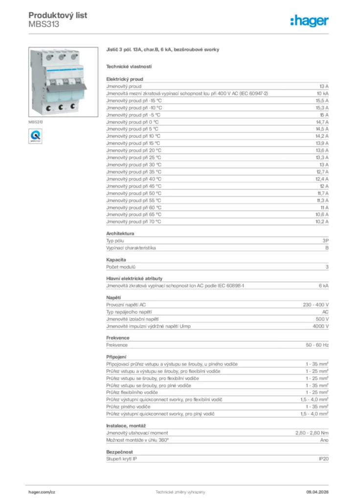 Obrázek Hager Product data sheet MBS313 | Hager