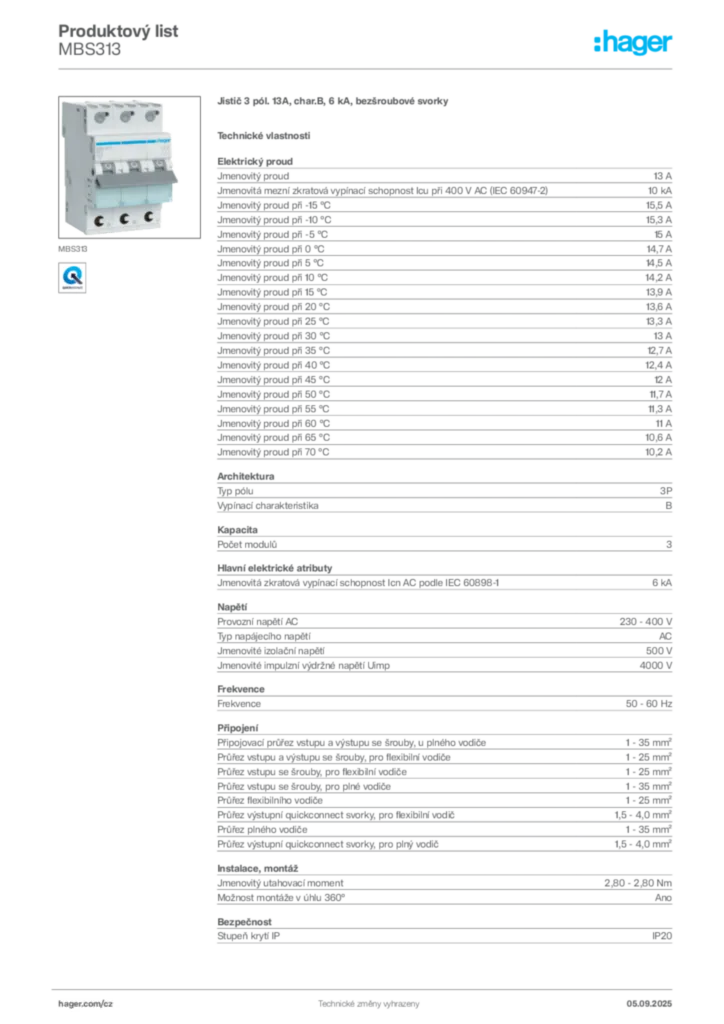 Obrázek Hager Produktový list MBS313 | Hager