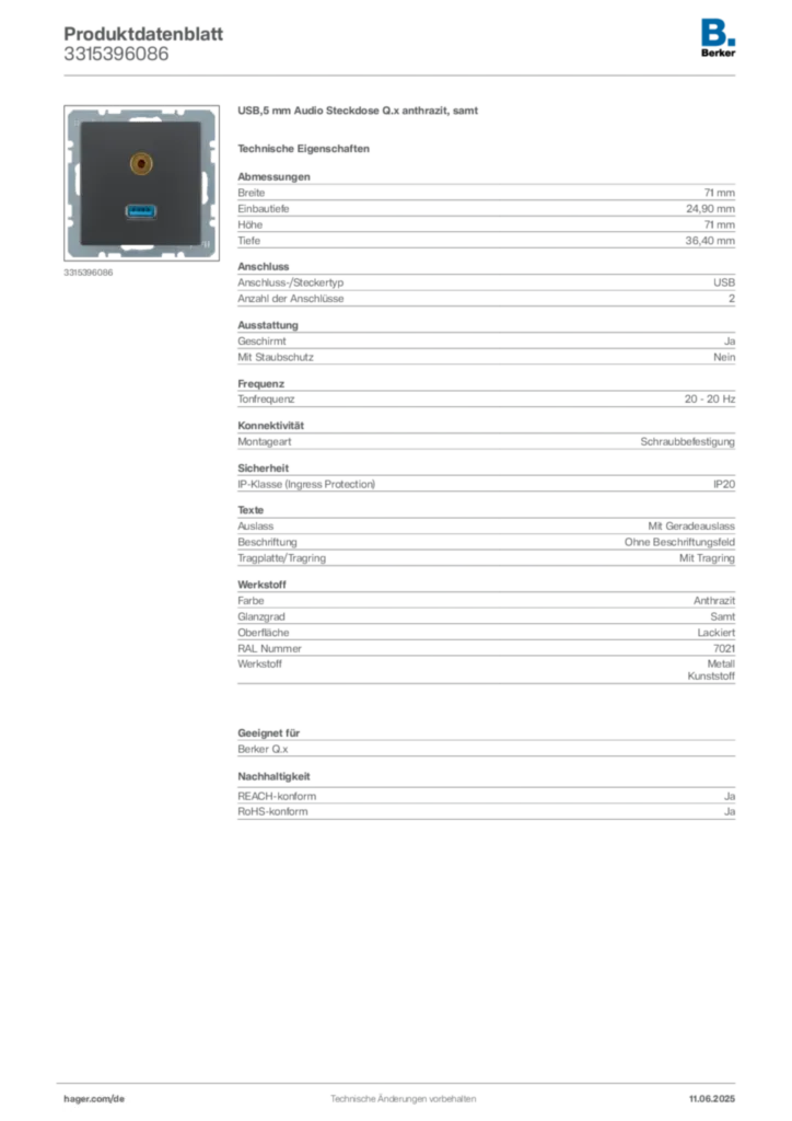 Bild Berker Produktdatenblatt 3315396086 | Hager Deutschland