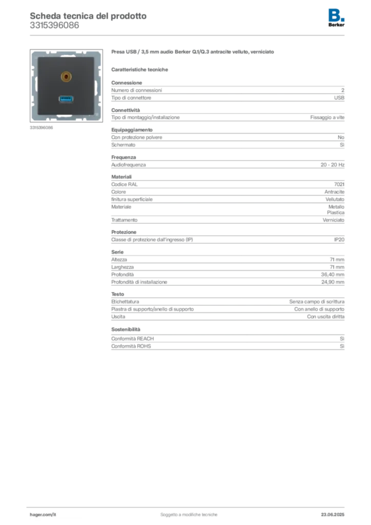 Immagine Berker Scheda tecnica del prodotto 3315396086 | Hager Italia