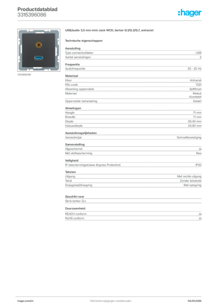Afbeelding Hager Productdatablad 3315396086 | Hager Nederland