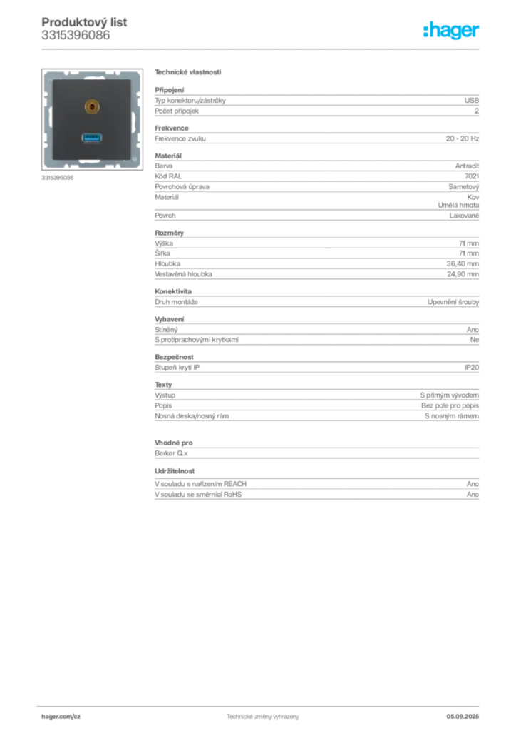 Obrázek Hager Produktový list 3315396086 | Hager