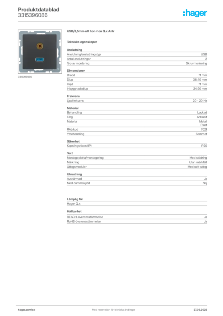 Bild Hager Produktdatablad 3315396086 | Hager Sverige