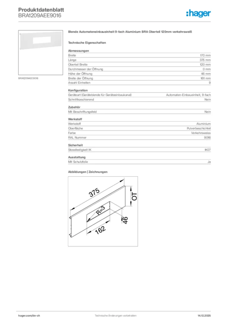 Bild Hager Produktdatenblatt BRA1209AEE9016 | Hager Schweiz