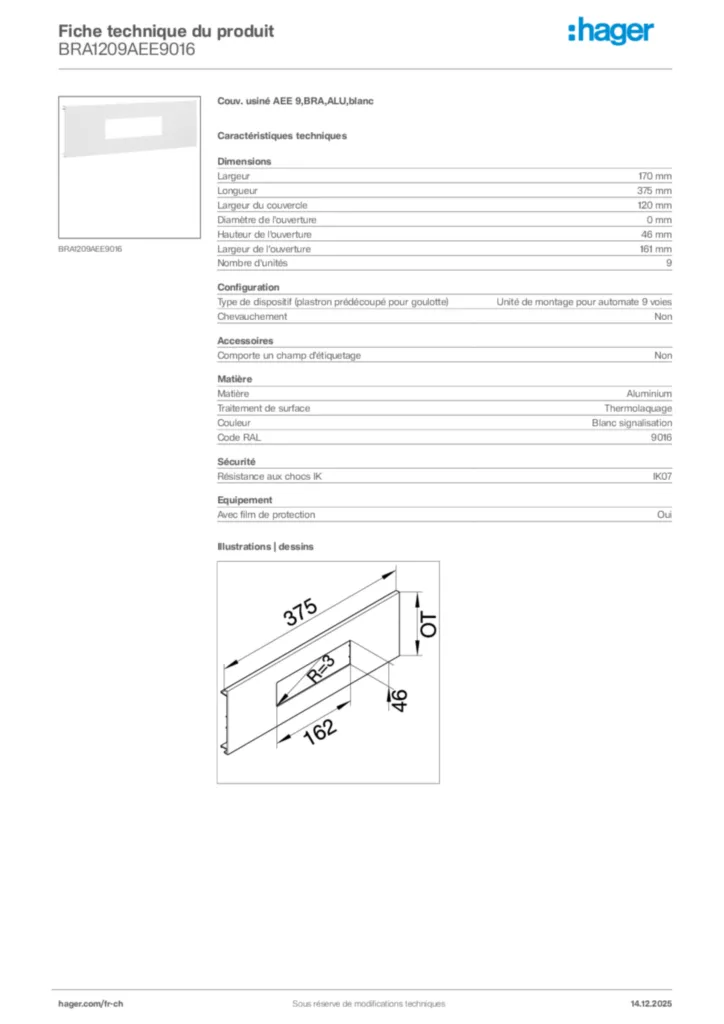 Image Hager Fiche technique du produit BRA1209AEE9016 | Hager Suisse