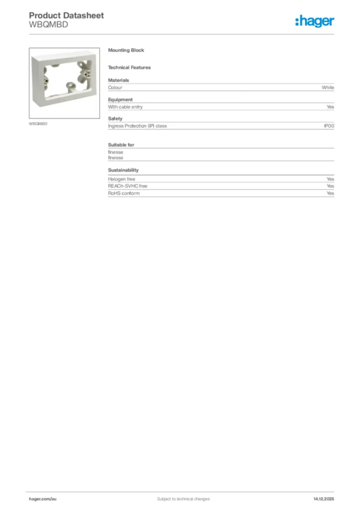Image Hager Product data sheet WBQMBD  | Hager Australia