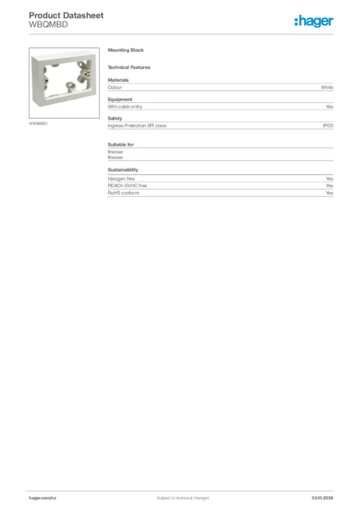Image Hager Product data sheet WBQMBD  | Hager New Zealand