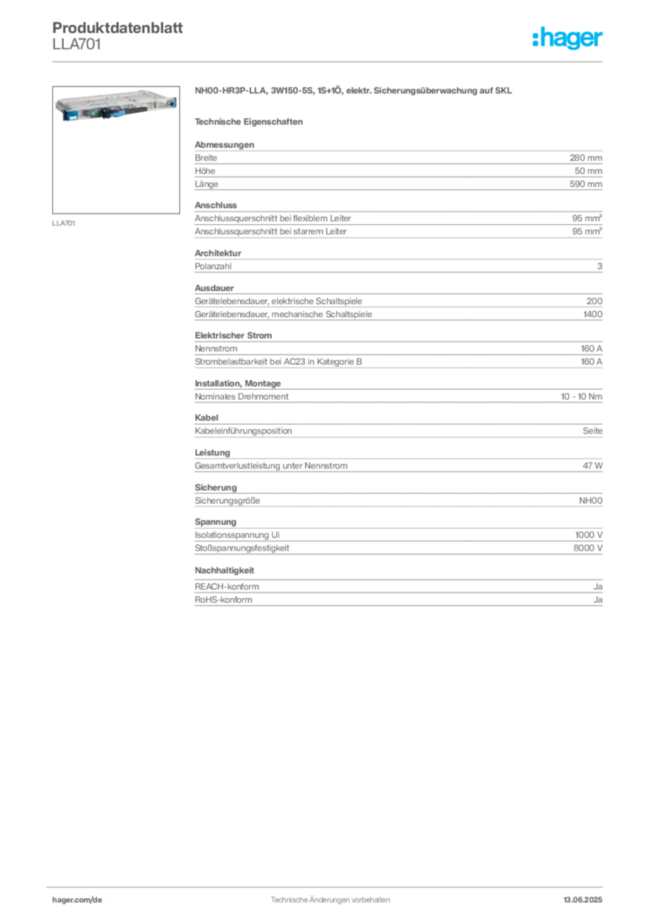 Hager Produktdatenblatt LLA701