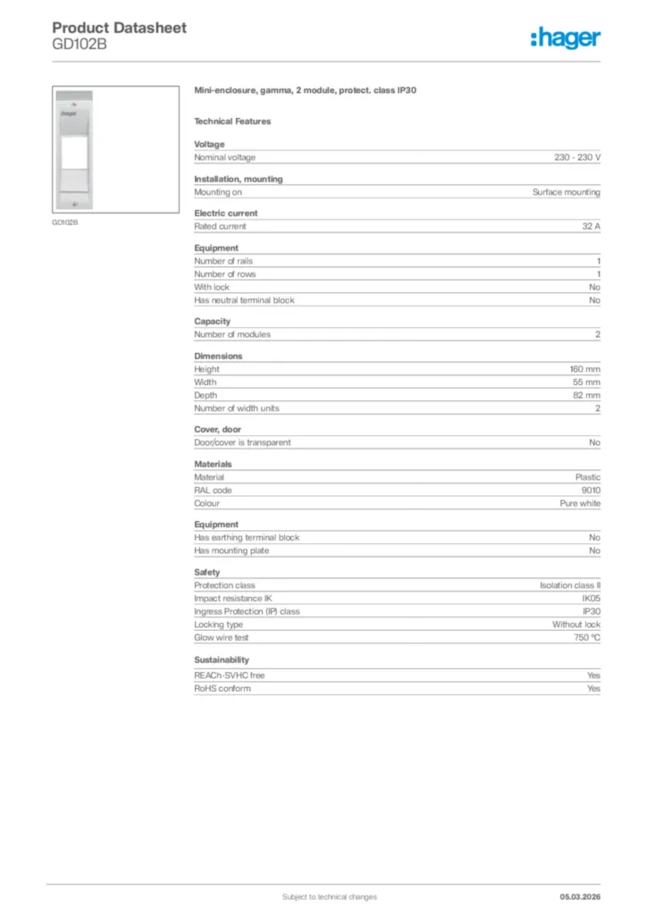 Image Hager Product data sheet GD102B  | Hager Africa