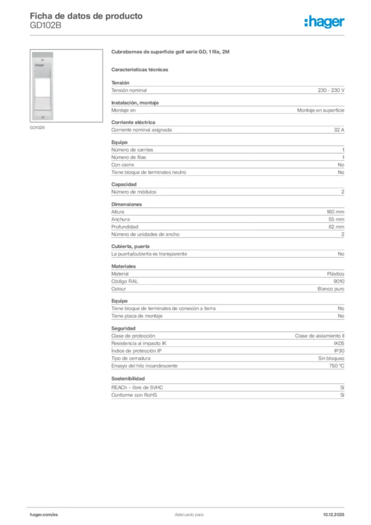 Imagen Hager Ficha de datos de producto GD102B | Hager España