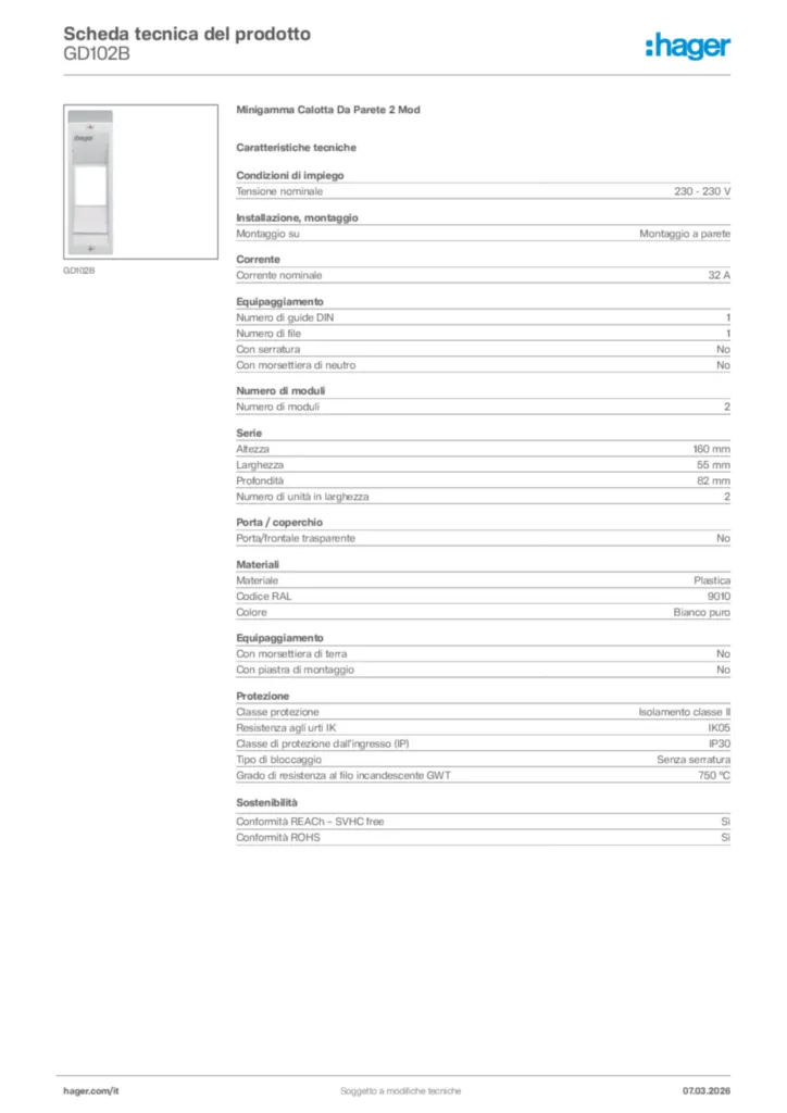 Immagine Hager Scheda tecnica del prodotto GD102B | Hager Italia