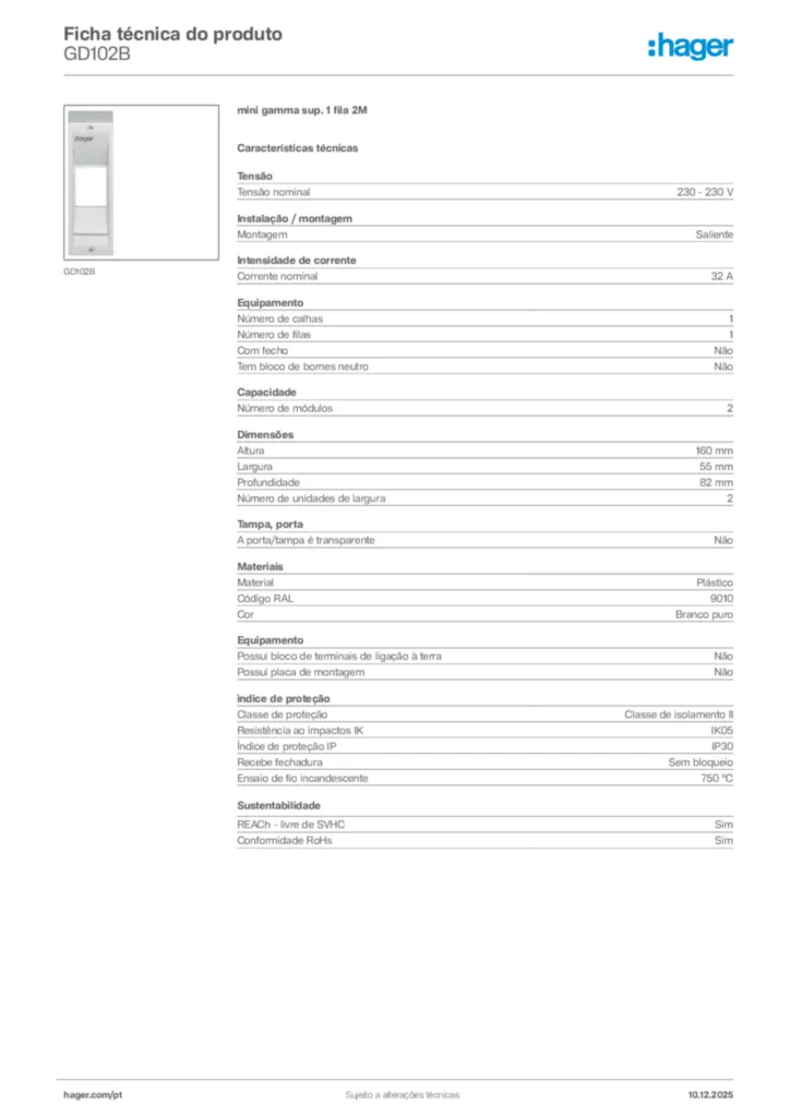 Imagem Hager Ficha técnica do produto GD102B | Hager Portugal