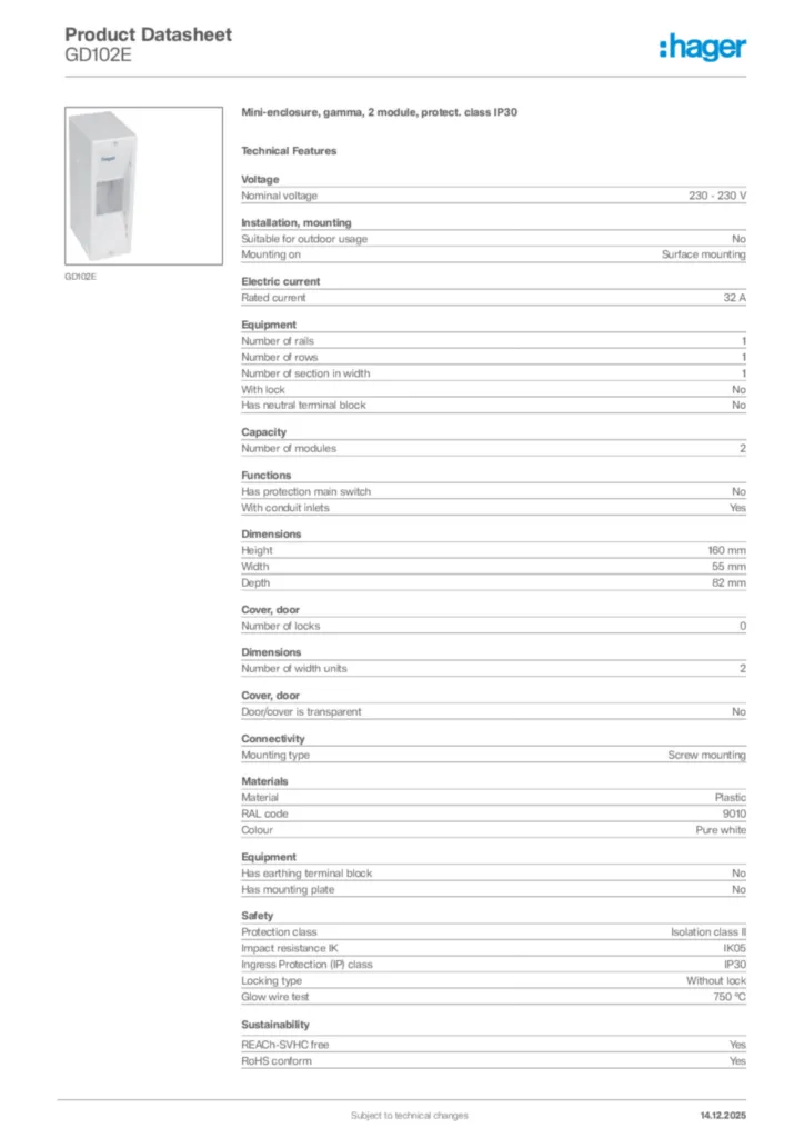Image Hager Product data sheet GD102E  | Hager Africa