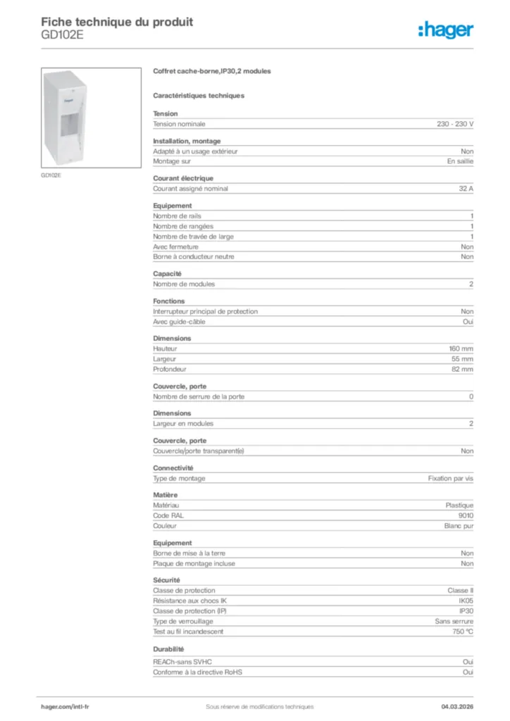 Image Hager Fiche technique du produit GD102E | Hager Afrique