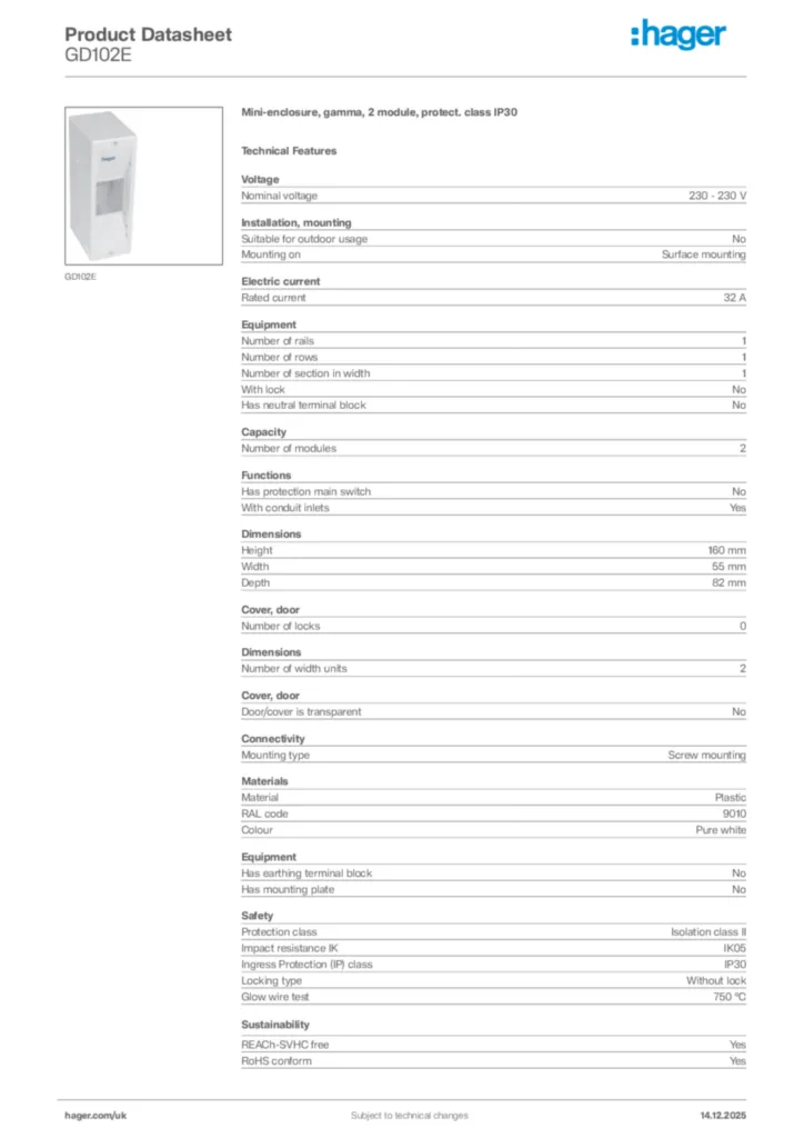 Image Hager Product data sheet GD102E  | Hager