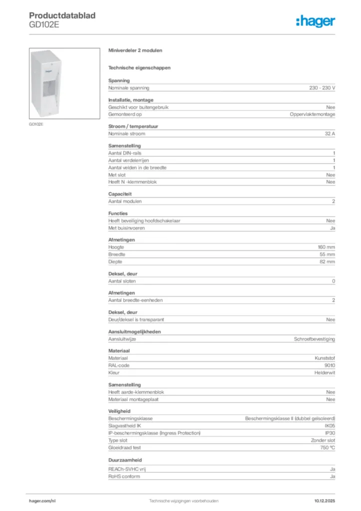 Afbeelding Hager Productdatablad GD102E | Hager Nederland