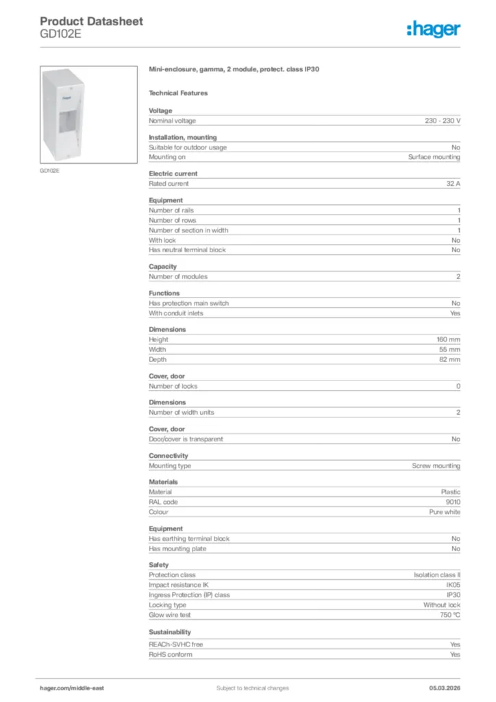Image Hager Product data sheet GD102E  | Hager