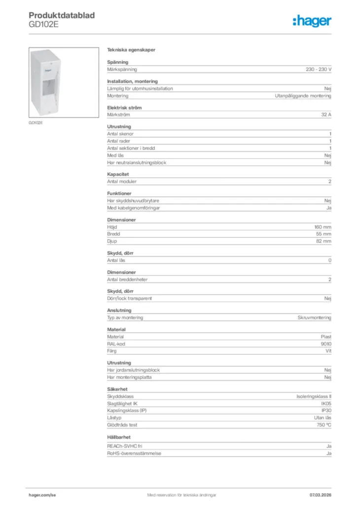 Bild Hager Produktdatablad GD102E | Hager Sverige