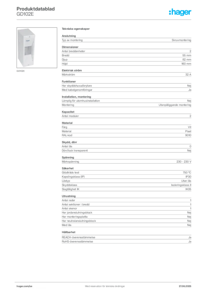 Bild Hager Produktdatablad GD102E | Hager Sverige