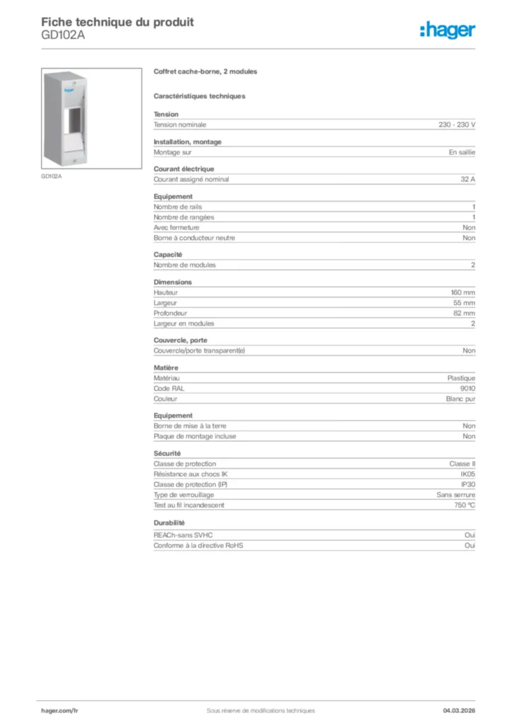 Image Hager Fiche technique du produit GD102A | Hager France