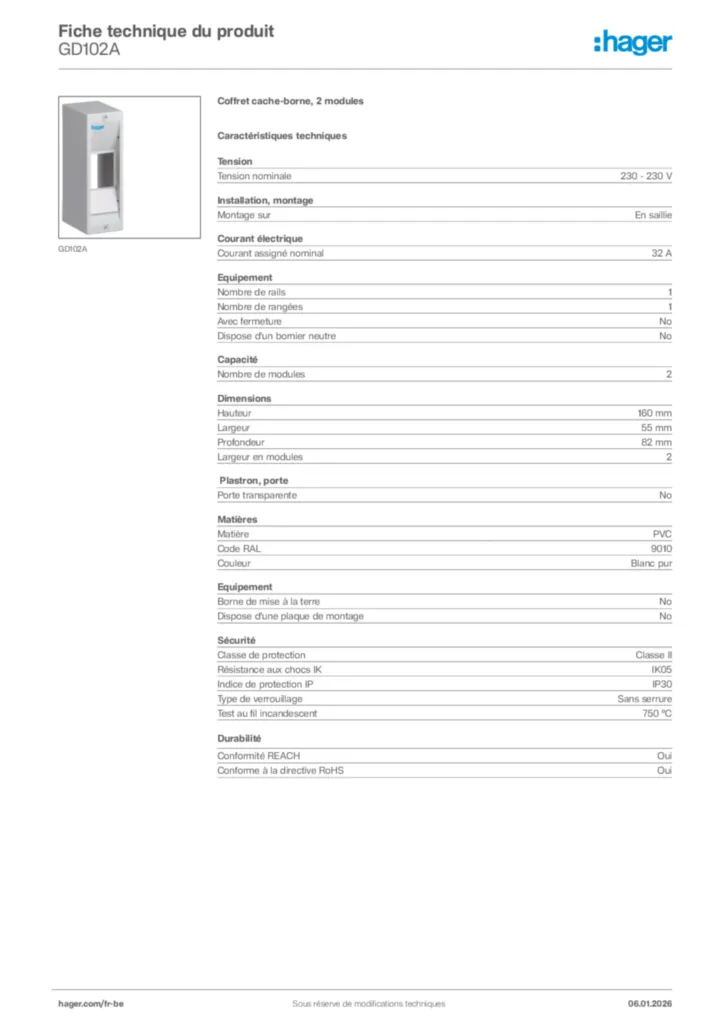 Image Hager Fiche technique du produit GD102A | Hager Belgique