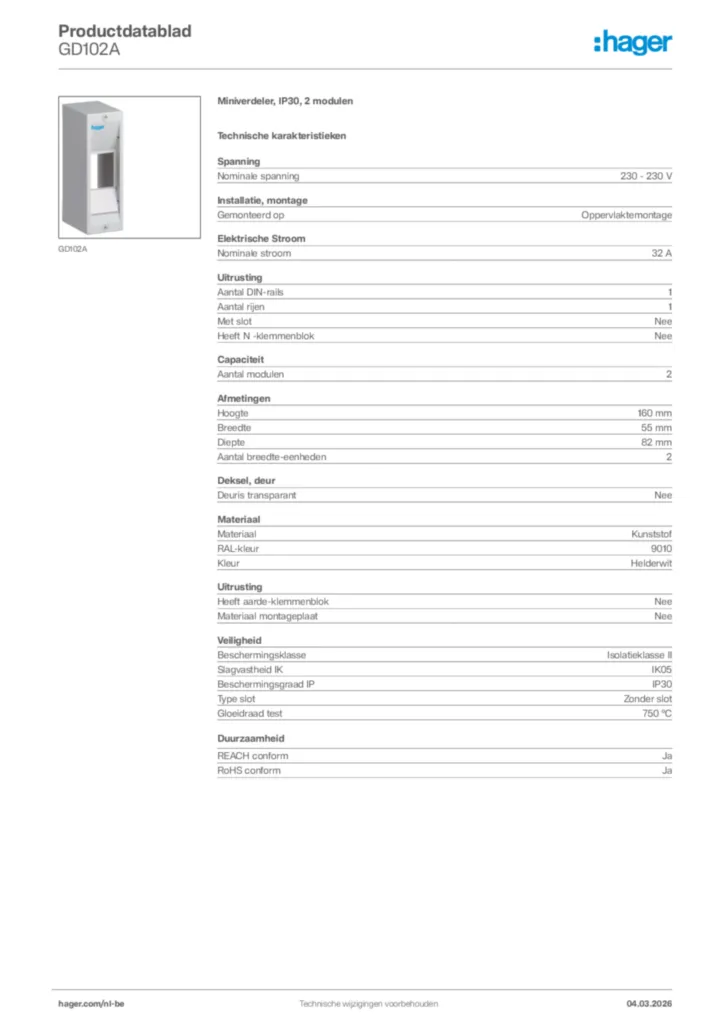 Afbeelding Hager Productdatablad GD102A | Hager Belgium