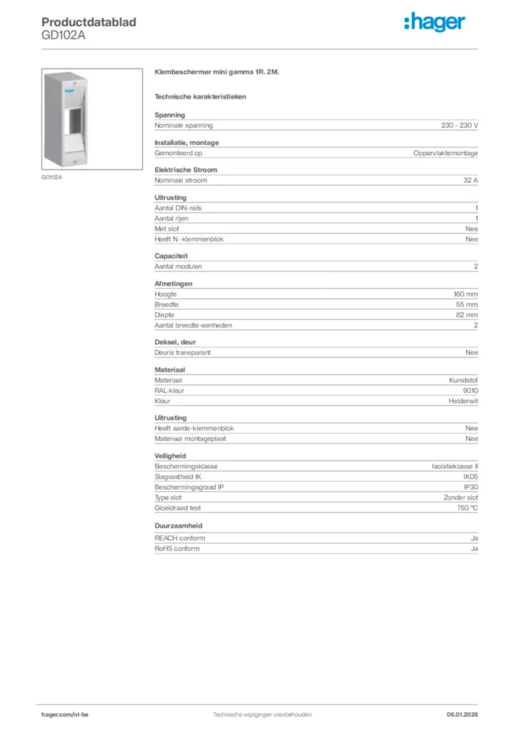Afbeelding Hager Productdatablad GD102A | Hager Belgium
