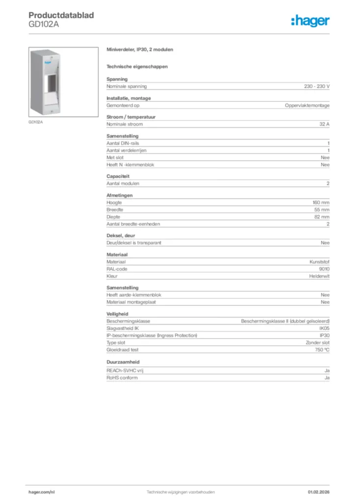 Afbeelding Hager Productdatablad GD102A | Hager Nederland