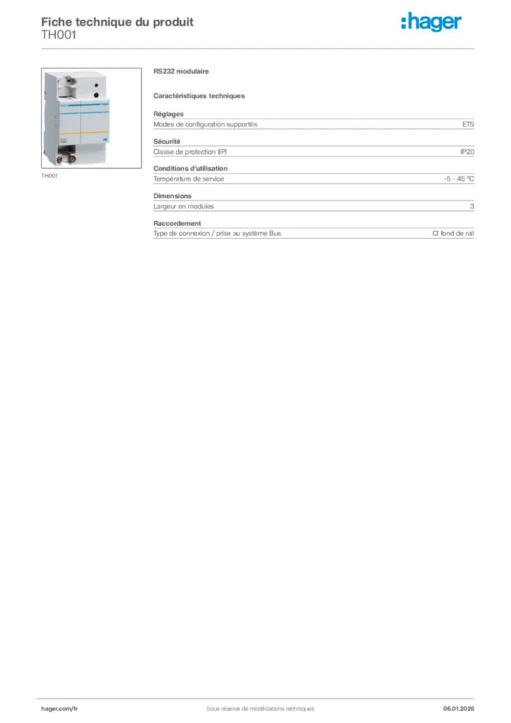 Image Hager Fiche technique du produit TH001 | Hager France