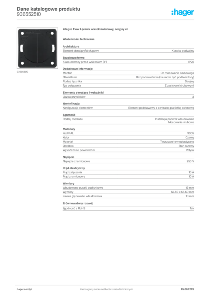 Zdjęcie Hager Dane katalogowe produktu 936552510 | Hager Polska