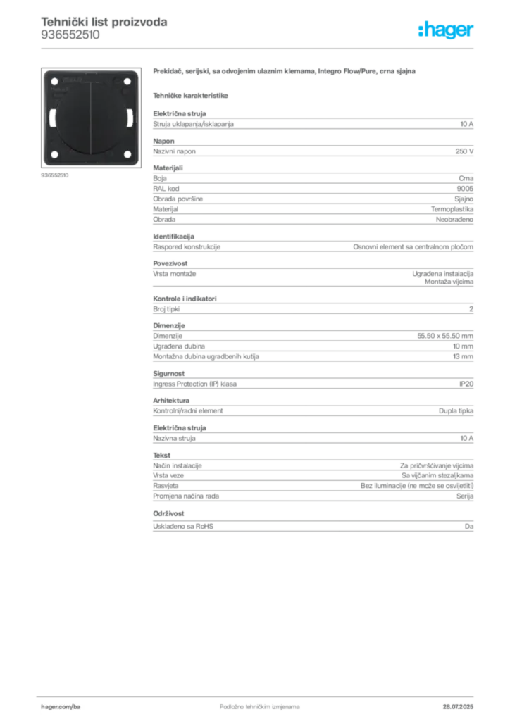 Slika Hager Product data sheet 936552510  | Hager