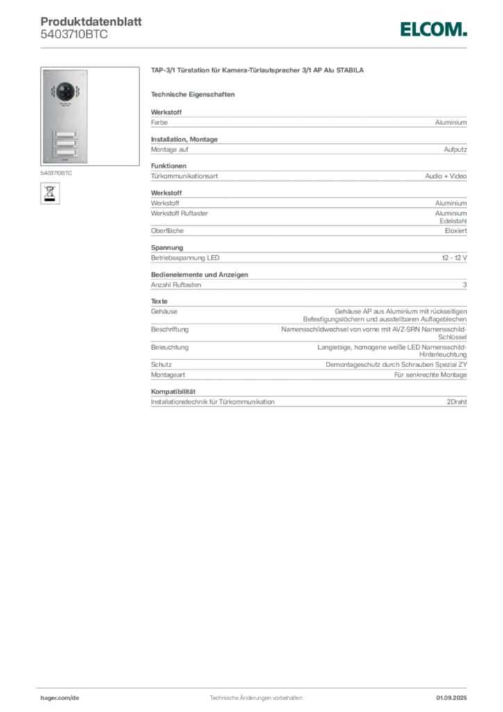 Bild Elcom Produktdatenblatt 5403710BTC | Hager Deutschland