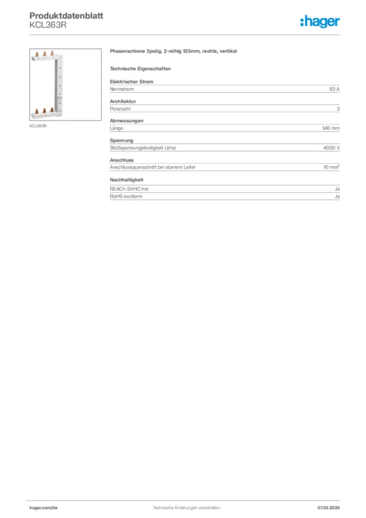 Bild Hager Produktdatenblatt KCL363R | Hager Deutschland