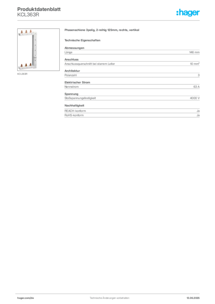 Bild Hager Produktdatenblatt KCL363R | Hager Deutschland