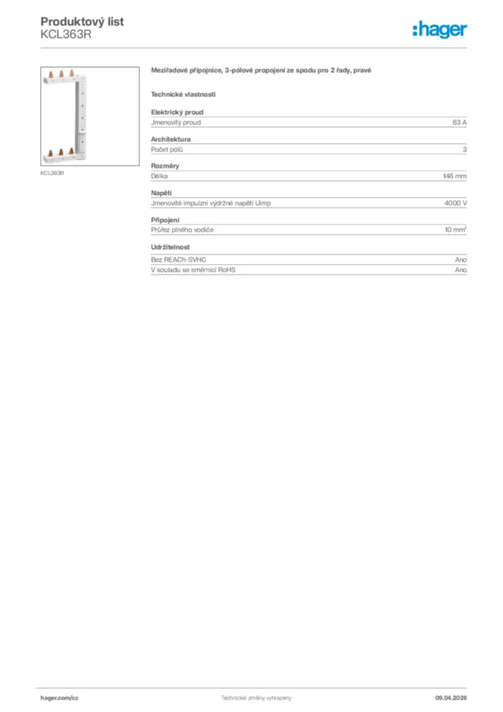 Obrázek Hager Product data sheet KCL363R | Hager