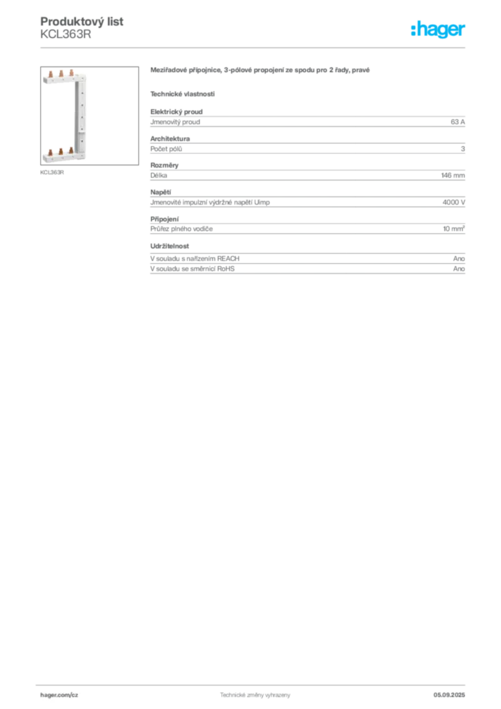 Obrázek Hager Produktový list KCL363R | Hager