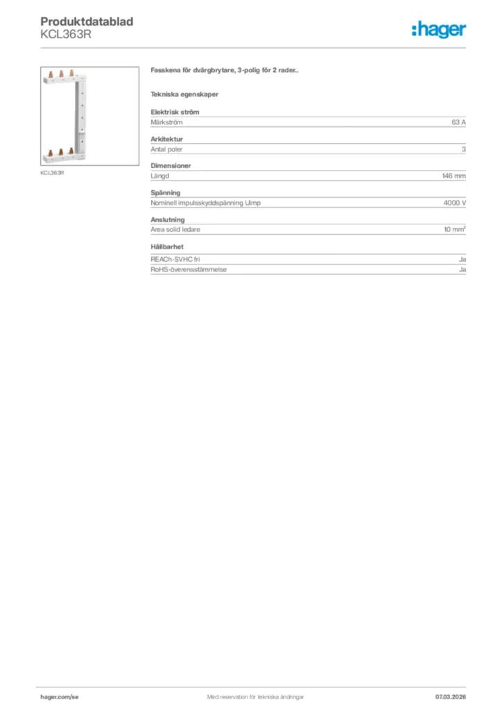 Bild Hager Produktdatablad KCL363R | Hager Sverige