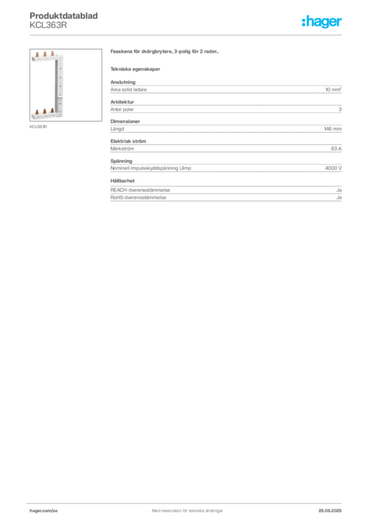 Bild Hager Produktdatablad KCL363R | Hager Sverige