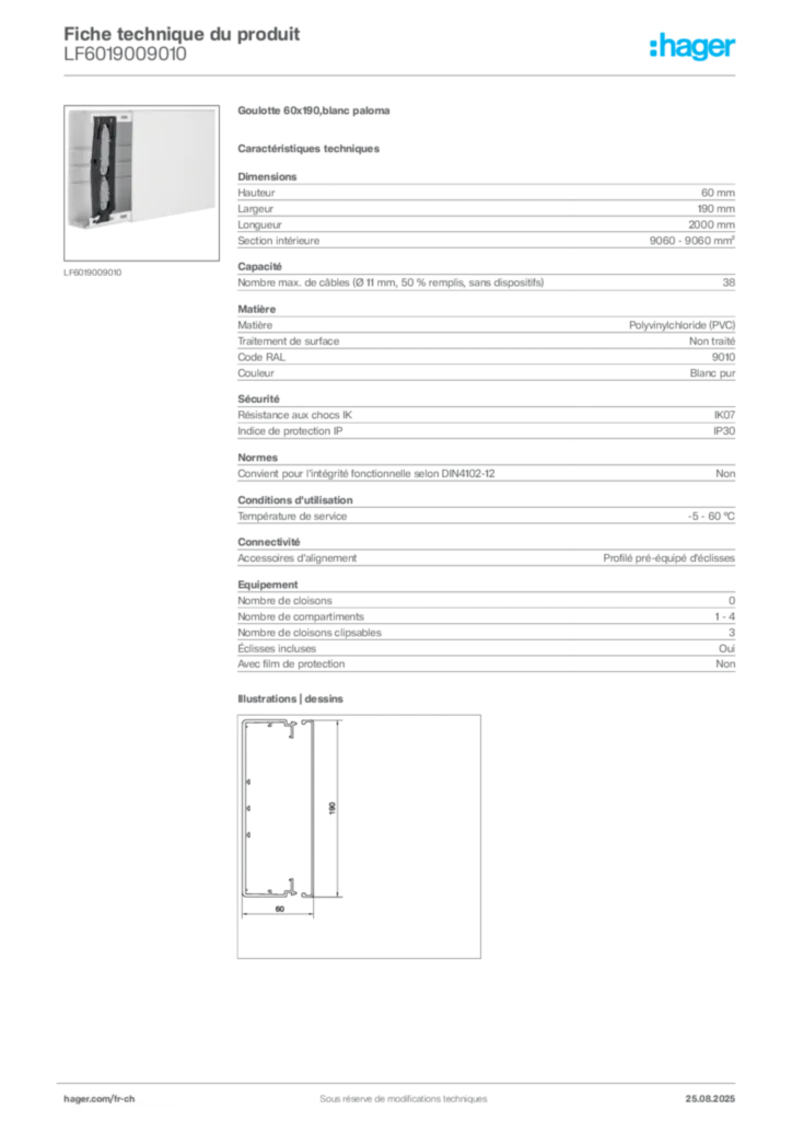 Image Hager Fiche technique du produit LF6019009010 | Hager Suisse
