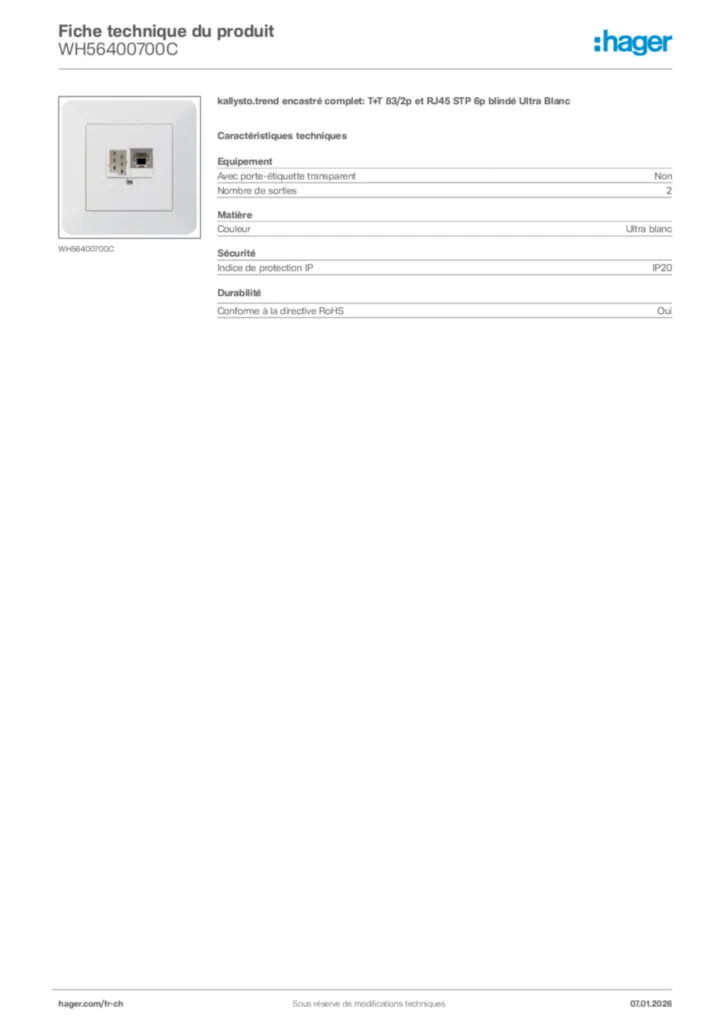 Image Hager Fiche technique du produit WH56400700C | Hager Suisse