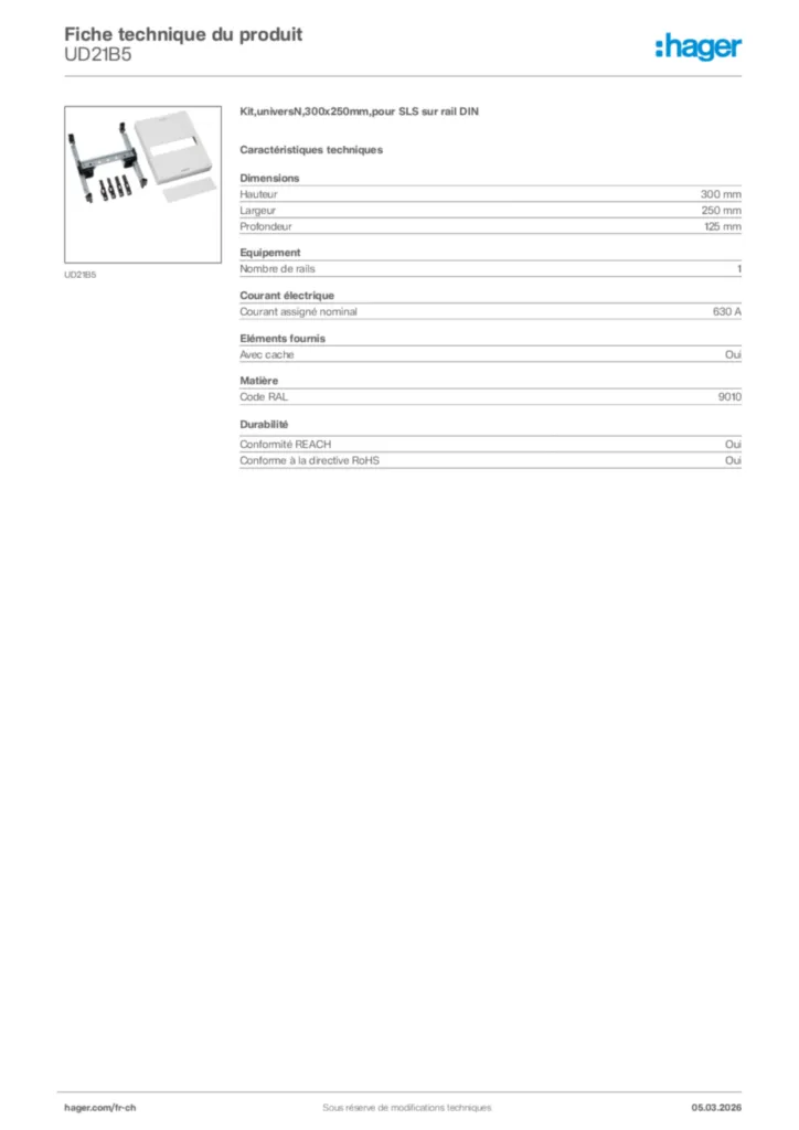 Image Hager Fiche technique du produit UD21B5 | Hager Suisse