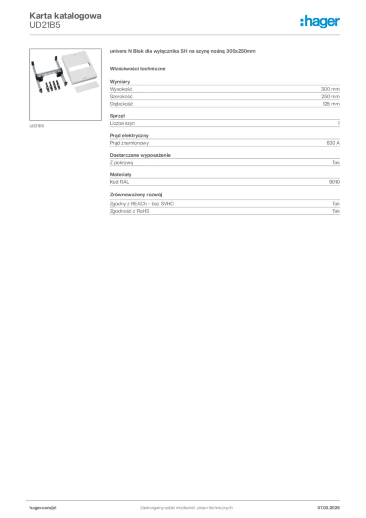 Zdjęcie Hager Karta katalogowa UD21B5 | Hager Polska