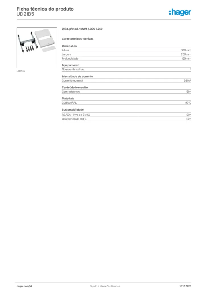 Imagem Hager Ficha técnica do produto UD21B5 | Hager Portugal